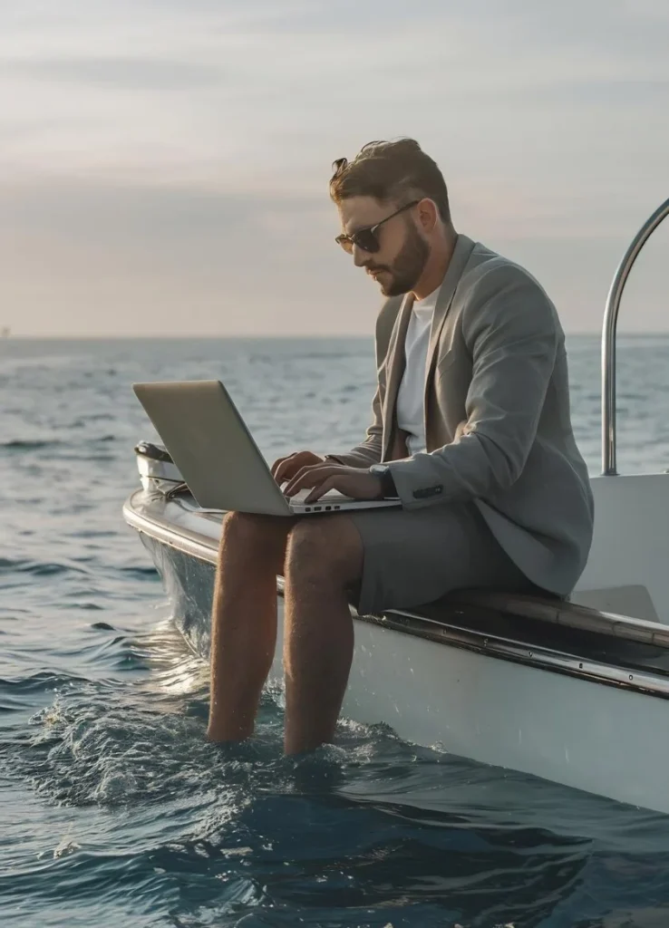 hombre con portatil en barco